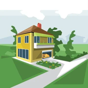 A house in 2 floors, view from perspective, with flowers at the balcony. 스톡 일러스트