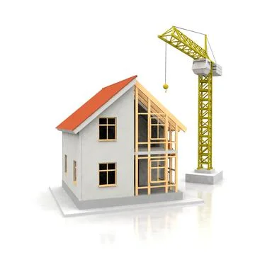 House 3d rendering illustration with open interior on top. Blueprints, docume Stock Illustration
