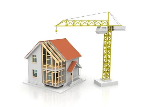 House 3d rendering illustration with open interior on top. Blueprints, docume Stock Illustration