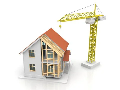 House 3d rendering illustration with open interior on top. Blueprints, docume Stock Illustration