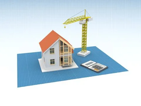 House 3d rendering illustration with open interior on top. Blueprints, docume Illustrazione stock