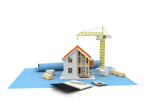 House 3d rendering illustration with open interior on top. Blueprints, docume Stock Illustration