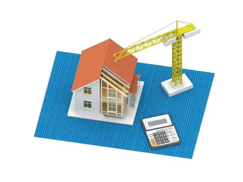 House 3d rendering illustration with open interior on top. Blueprints, docume Stock Illustration