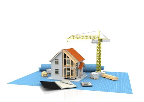 House 3d rendering illustration with open interior on top. Blueprints, docume Stock Illustration