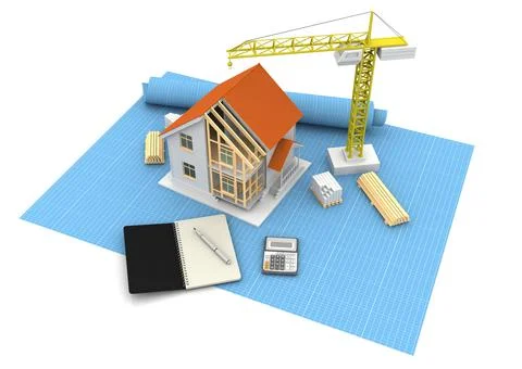 House 3d rendering illustration with open interior on top. Blueprints, docume Stock Illustration