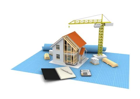 House 3d rendering illustration with open interior on top. Blueprints, docume Stock Illustration