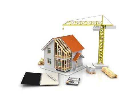 House 3d rendering illustration with open interior on top. Blueprints, docume Stock Illustration