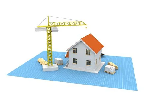 House 3d rendering illustration with open interior on top. Blueprints, docume Stock Illustration