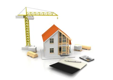 House 3d rendering illustration with open interior on top. Blueprints, docume Stock Illustration