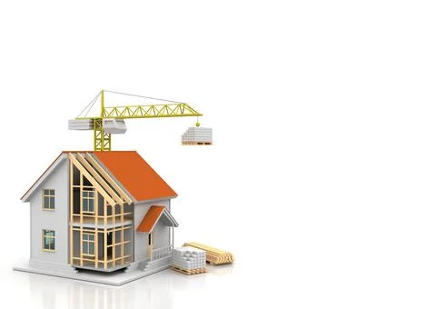 House 3d rendering illustration with open interior on top. Blueprints, docume Stock Illustration