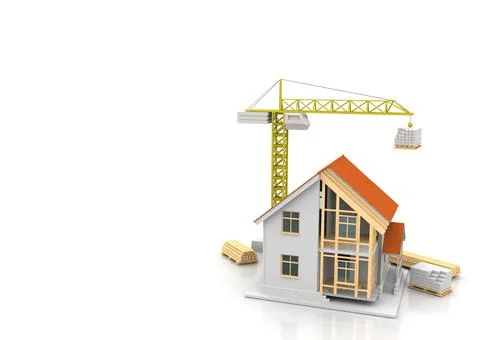 House 3d rendering illustration with open interior on top. Blueprints, docume Stock Illustration
