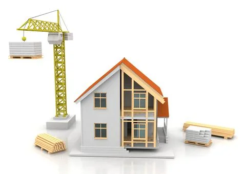 House 3d rendering illustration with open interior on top. Blueprints, docume Stock Illustration