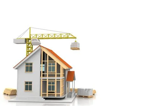House 3d rendering illustration with open interior on top. Blueprints, docume Stock Illustration