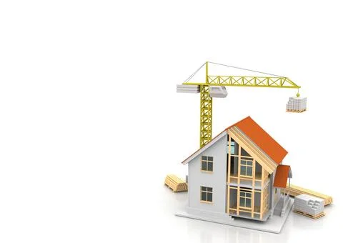 House 3d rendering illustration with open interior on top. Blueprints, docume Illustrazione stock