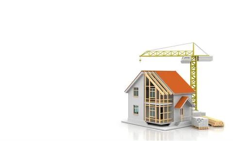 House 3d rendering illustration with open interior on top. Blueprints, docume Stock Illustration