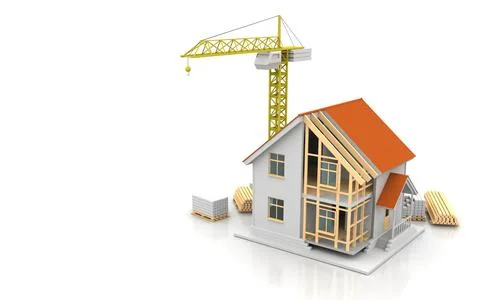 House 3d rendering illustration with open interior on top. Blueprints, docume Stock Illustration