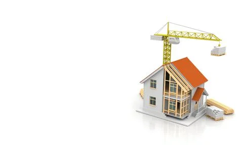 House 3d rendering illustration with open interior on top. Blueprints, docume Stock Illustration
