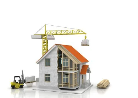 House 3d rendering illustration with open interior on top. Blueprints, docume Stock Illustration