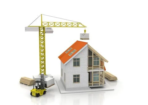 House 3d rendering illustration with open interior on top. Blueprints, docume Stock Illustration