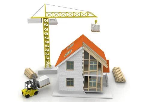 House 3d rendering illustration with open interior on top. Blueprints, docume Stock Illustration