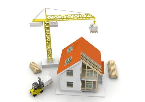 House 3d rendering illustration with open interior on top. Blueprints, docume Stock Illustration