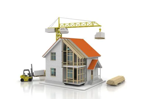 House 3d rendering illustration with open interior on top. Blueprints, docume Stock Illustration