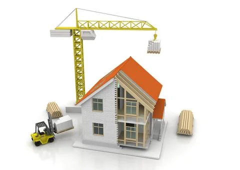 House 3d rendering illustration with open interior on top. Blueprints, docume Stock Illustration