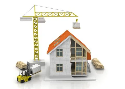 House 3d rendering illustration with open interior on top. Blueprints, docume Illustrazione stock