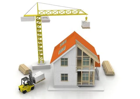 House 3d rendering illustration with open interior on top. Blueprints, docume Stock Illustration