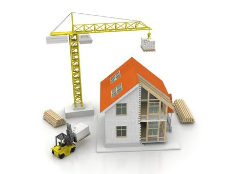 House 3d rendering illustration with open interior on top. Blueprints, docume Stock Illustration