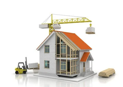 House 3d rendering illustration with open interior on top. Blueprints, docume Stock Illustration