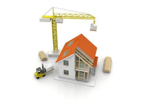 House 3d rendering illustration with open interior on top. Blueprints, docume Stock Illustration