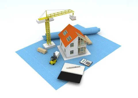 House 3d rendering illustration with open interior on top. Blueprints, docume Stock Illustration