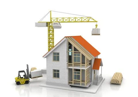 House 3d rendering illustration with open interior on top. Blueprints, docume Stock Illustration