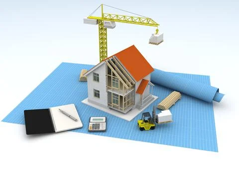 House 3d rendering illustration with open interior on top. Blueprints, docume Stock Illustration