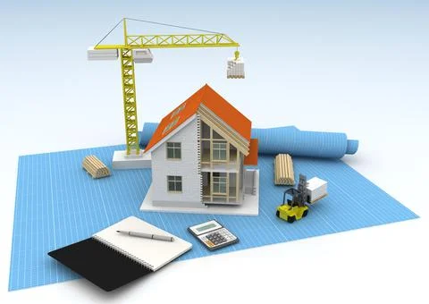 House 3d rendering illustration with open interior on top. Blueprints, docume Illustrazione stock