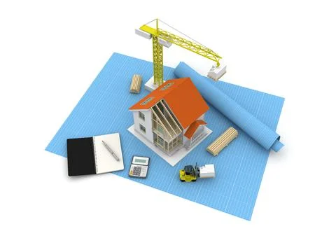 House 3d rendering illustration with open interior on top. Blueprints, docume Stock Illustration