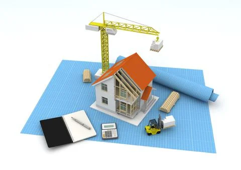 House 3d rendering illustration with open interior on top. Blueprints, docume Stock Illustration