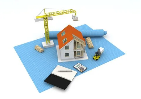 House 3d rendering illustration with open interior on top. Blueprints, docume Stock Illustration