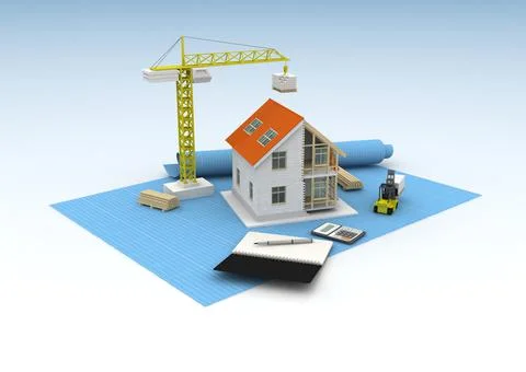 House 3d rendering illustration with open interior on top. Blueprints, docume Stock Illustration