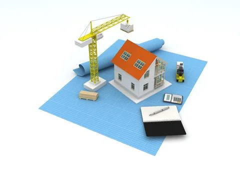 House 3d rendering illustration with open interior on top. Blueprints, docume Illustrazione stock