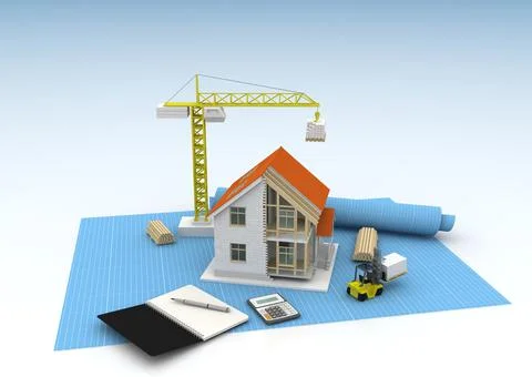 House 3d rendering illustration with open interior on top. Blueprints, docume Illustrazione stock