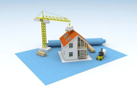 House 3d rendering illustration with open interior on top. Blueprints, docume Illustrazione stock