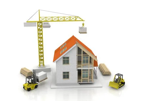 House 3d rendering illustration with open interior on top. Blueprints, docume Stock Illustration