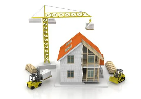 House 3d rendering illustration with open interior on top. Blueprints, docume Stock Illustration