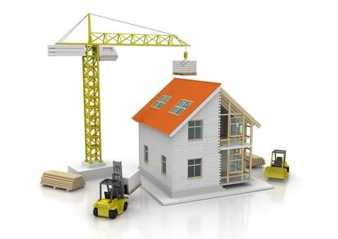 House 3d rendering illustration with open interior on top. Blueprints, docume Stock Illustration