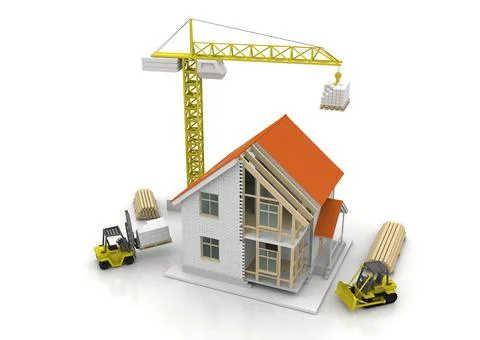 House 3d rendering illustration with open interior on top. Blueprints, docume Stock Illustration