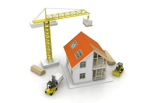 House 3d rendering illustration with open interior on top. Blueprints, docume Stock Illustration