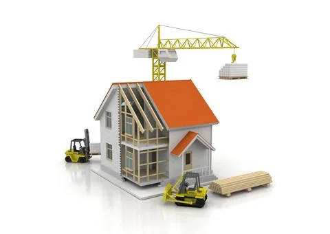 House 3d rendering illustration with open interior on top. Blueprints, docume Stock Illustration