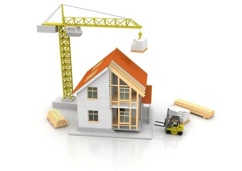 House 3d rendering illustration with open interior on top. Blueprints, docume Stock Illustration